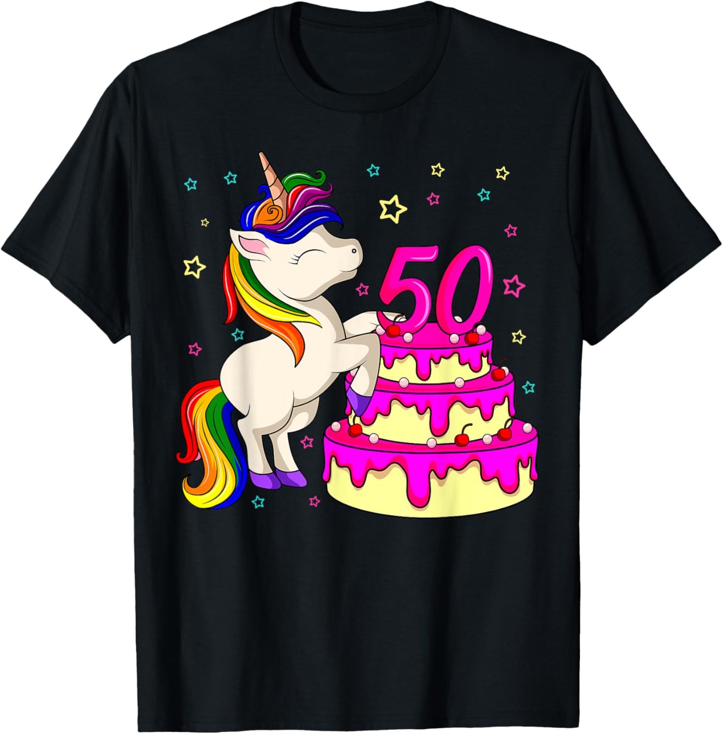 50th Bday Unicorn Rainbow Cake Theme Birthday Party T-Shirt - T-Shirt | Black