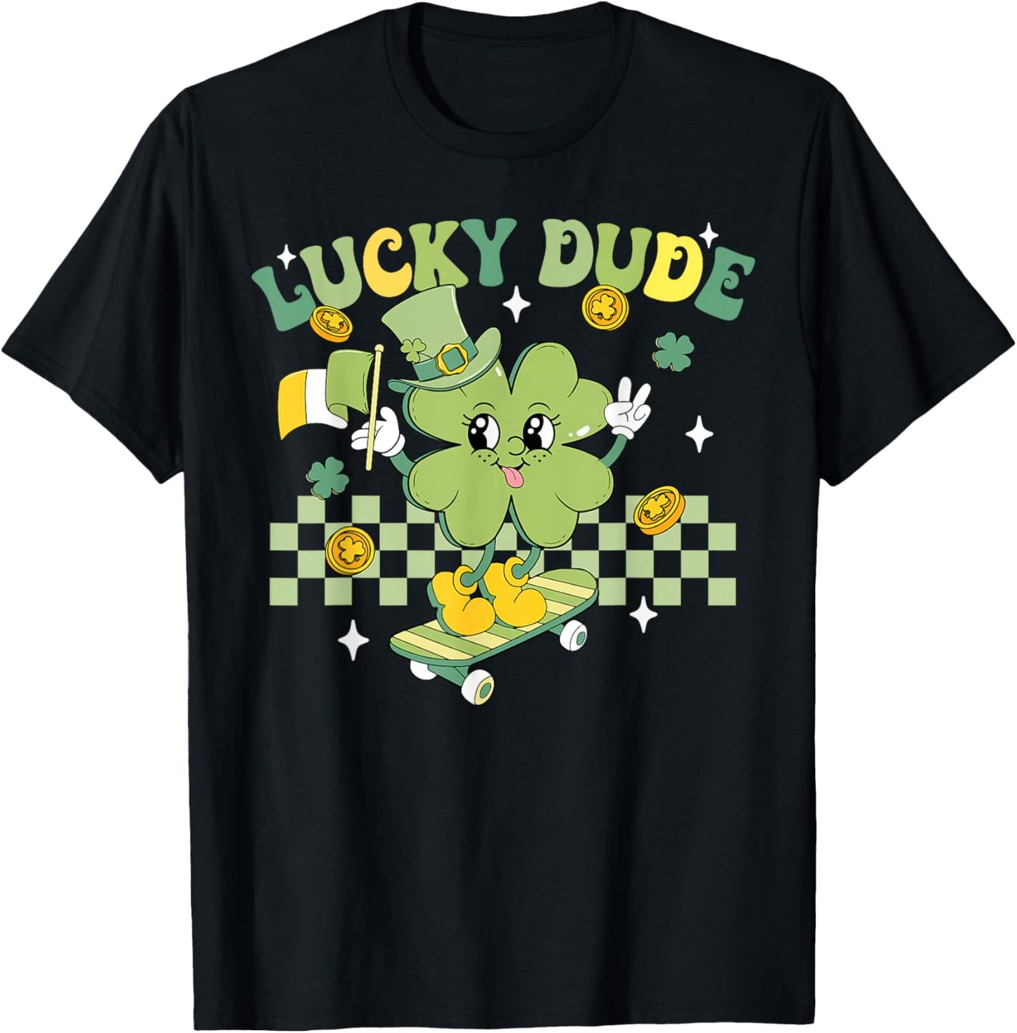 Lucky Dude Funny St Patrick's Day Kid Skateboarding Shamrock T-Shirt - T-Shirt | Black