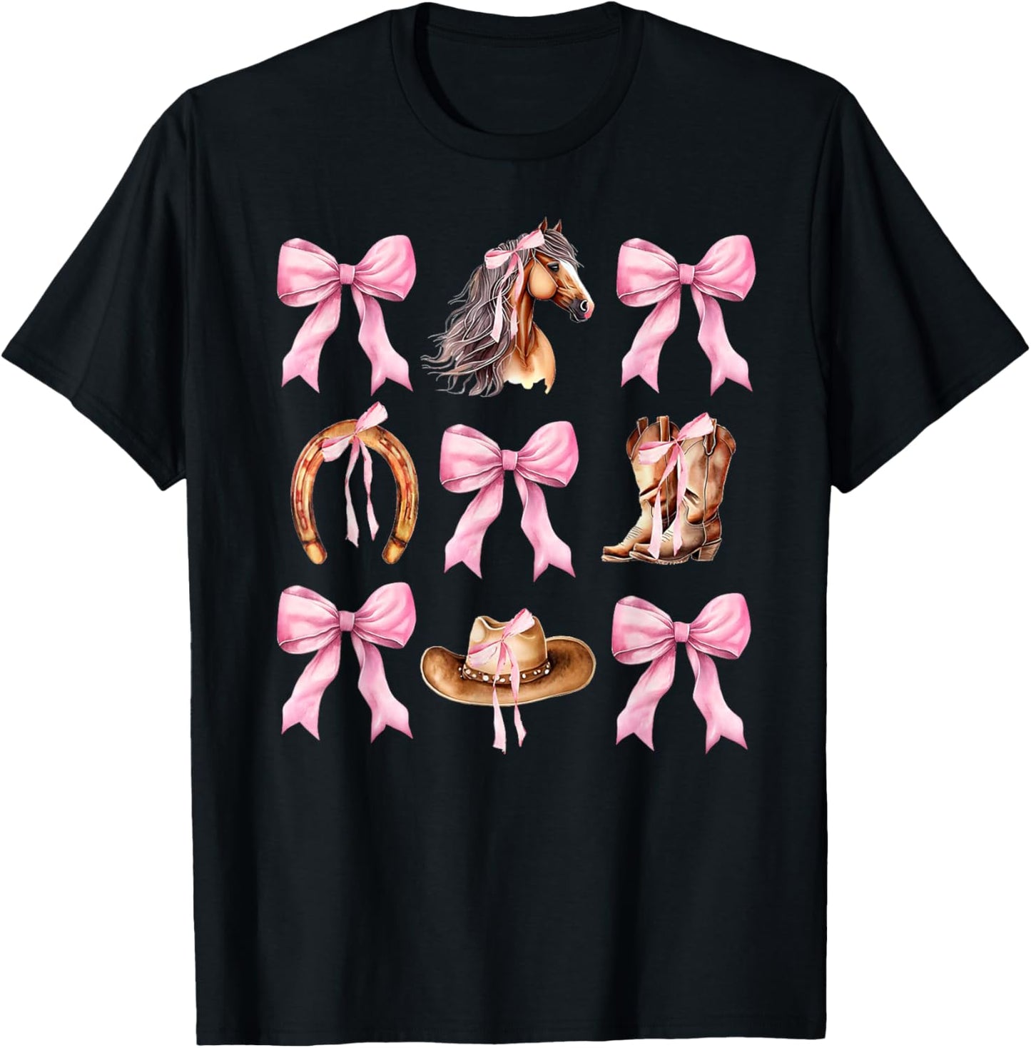 Western Girl Country Rodeo Pink Cowgirl Horse Coquette Bow T-Shirt - T-Shirt | Black