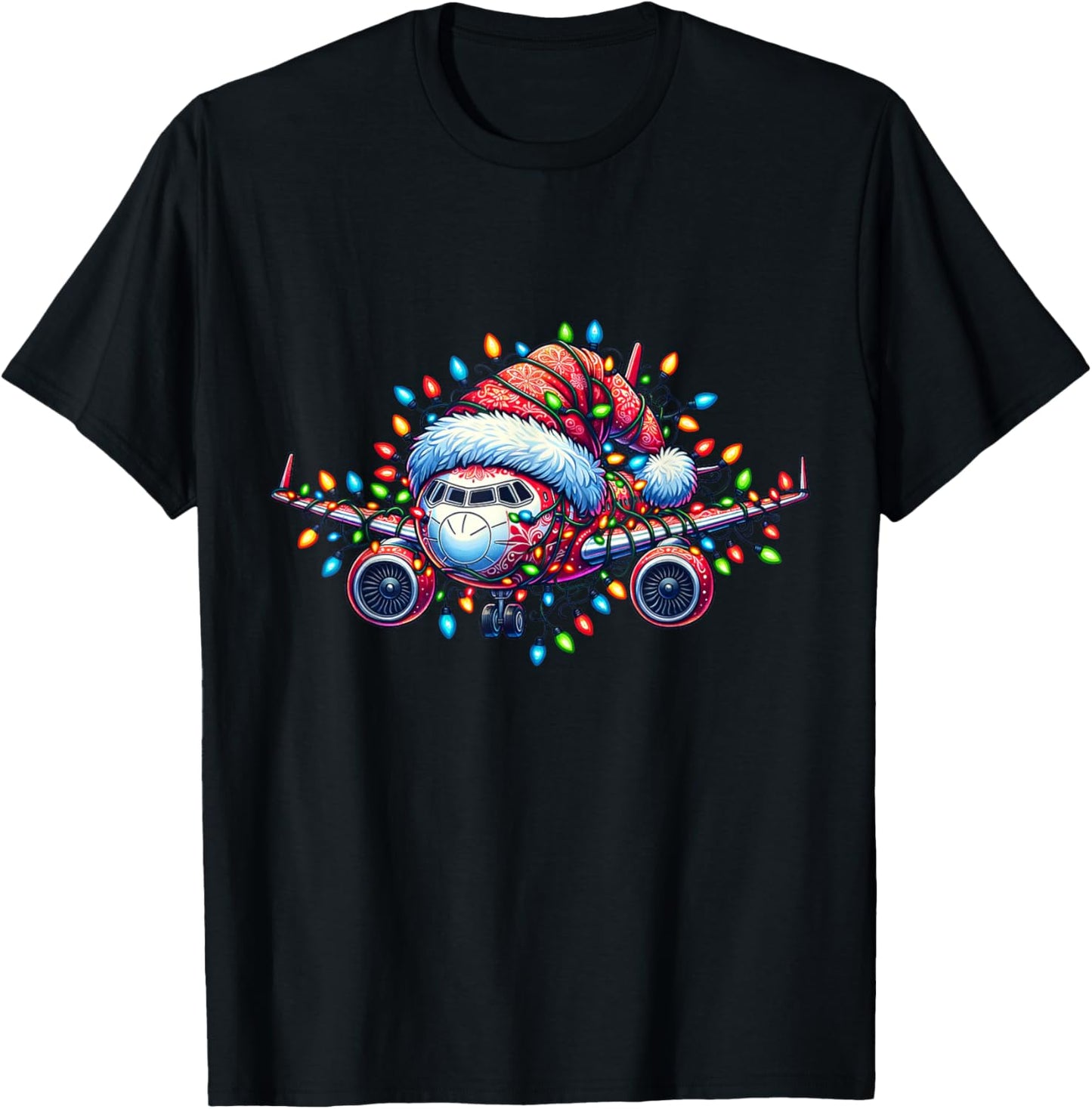Funny Santa Airplane Xmas Lights Kids Toddler Boys Christmas T-Shirt - T-Shirt | Black