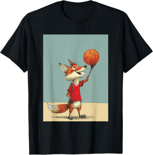Cute Fox Sports Funny Basketball Cartoon Design T-Shirt - T-Shirt | Black