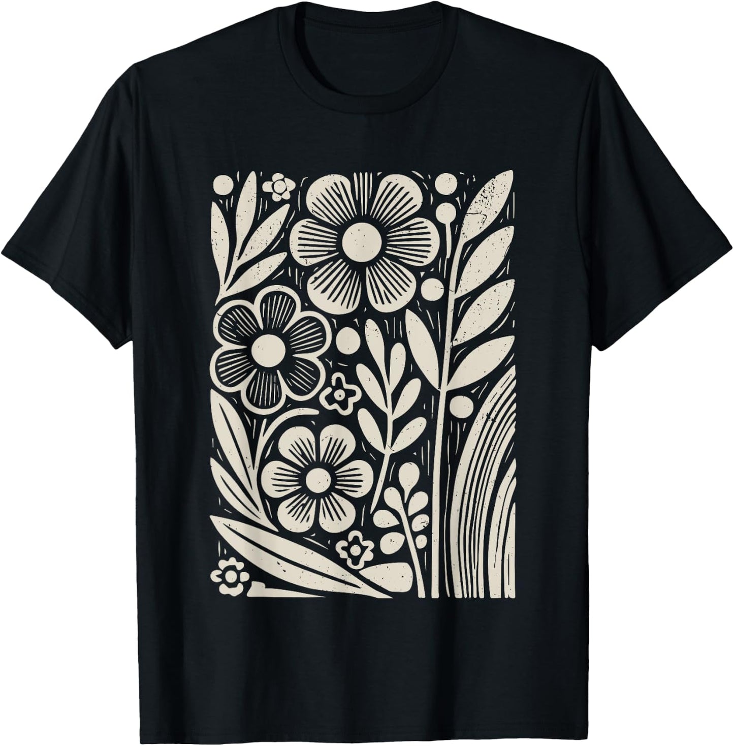 Botanical Floral Line Art Minimalist Nature Linocut Print T-Shirt - T-Shirt | Black