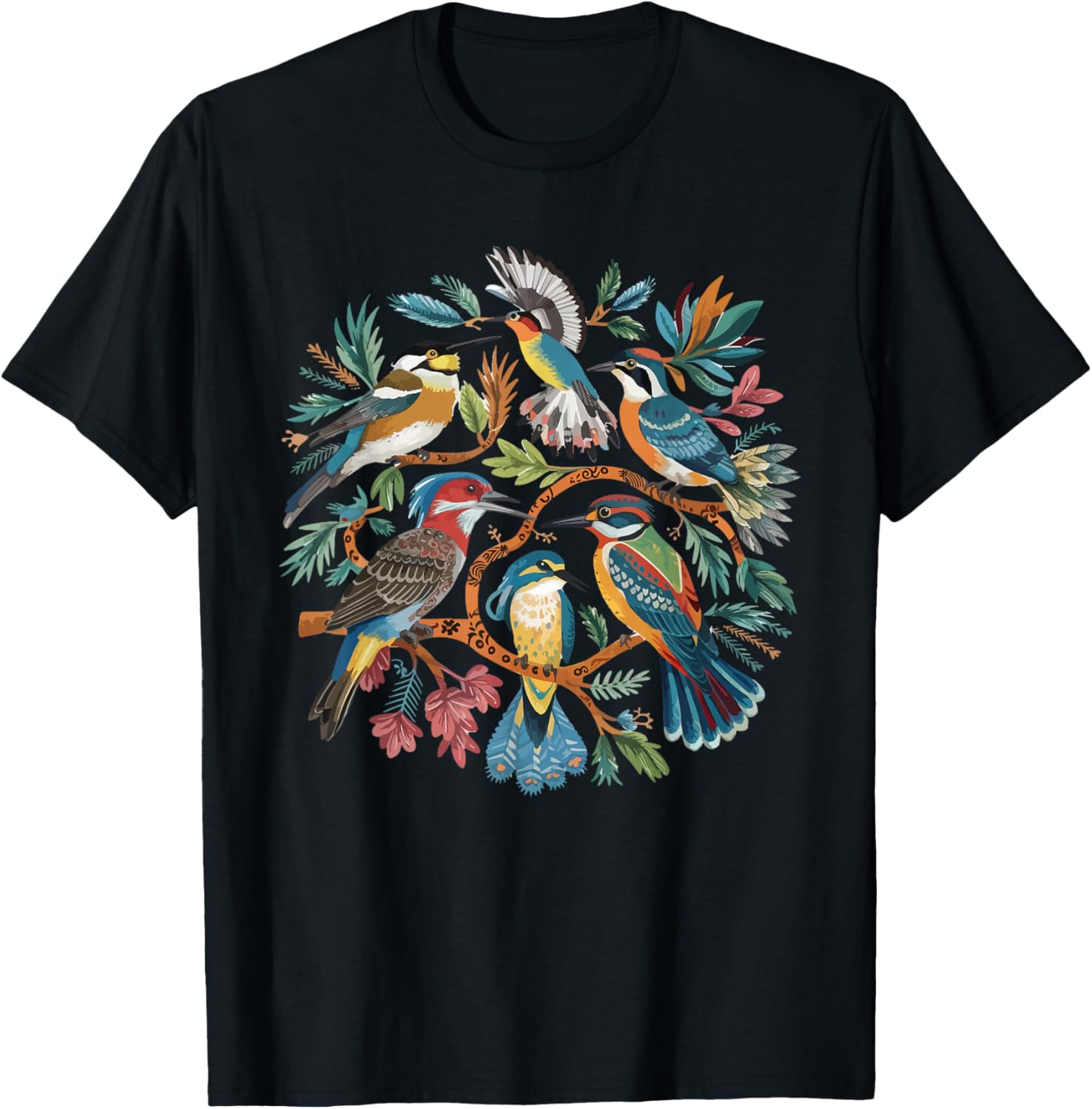 Enchanted Forest Bird Gathering Artistic Bird Watching T-Shirt - T-Shirt | Black