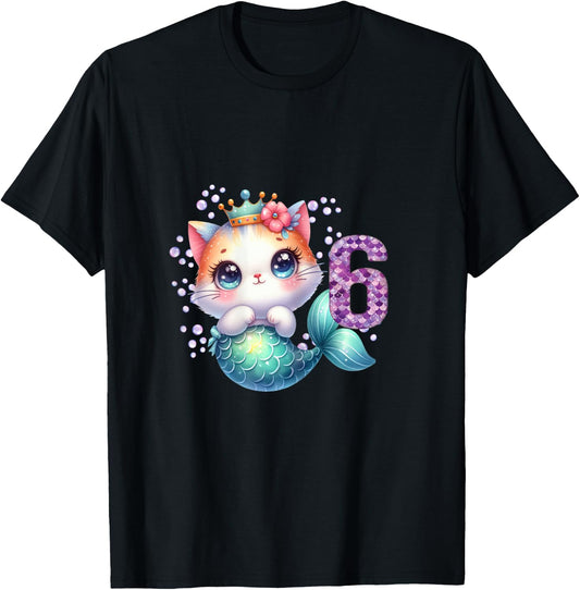 Cat Mermaid 6th Birthday 6 Year Old Party Girls Outfit T-Shirt - T-Shirt | Black