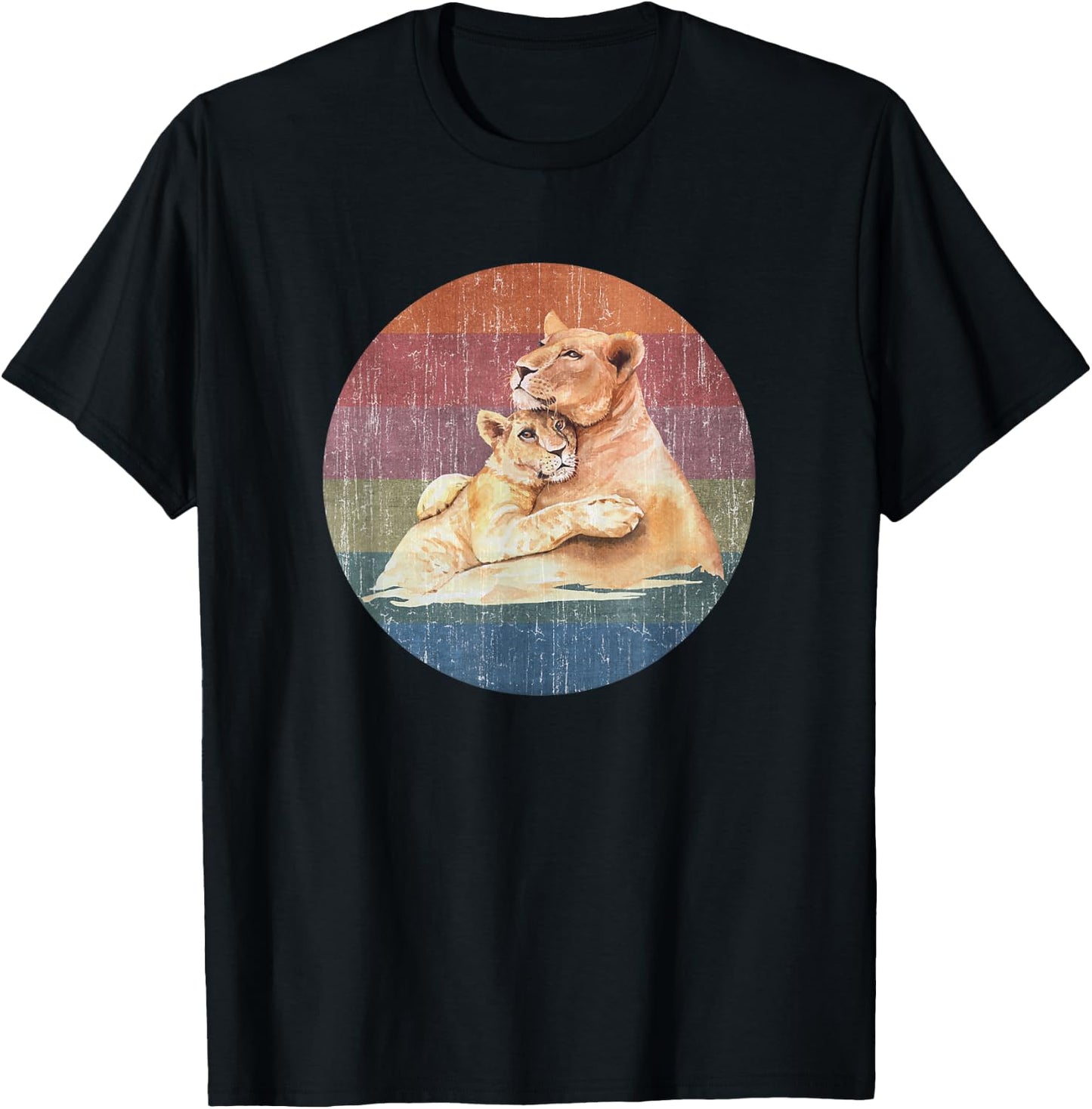 Lioness Lion Mom Baby Cub Watercolor On Distressed Sunset T-Shirt - T-Shirt | Black