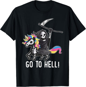 Gehe zum Hölle Unicorn Sugar Skull Grim Reaper Halloween T-Shirt - T-Shirt | Black