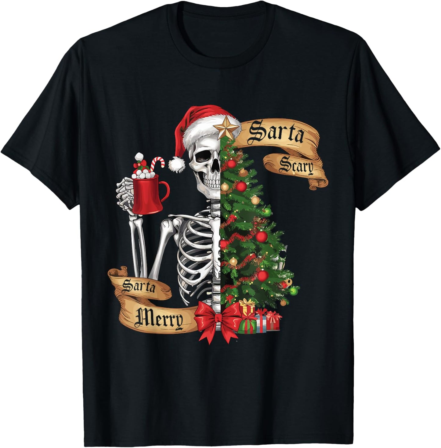 Sorta Merry Sorta Scary Funny Christmas Skeleton Tree Xmas T-Shirt - T-Shirt | Black