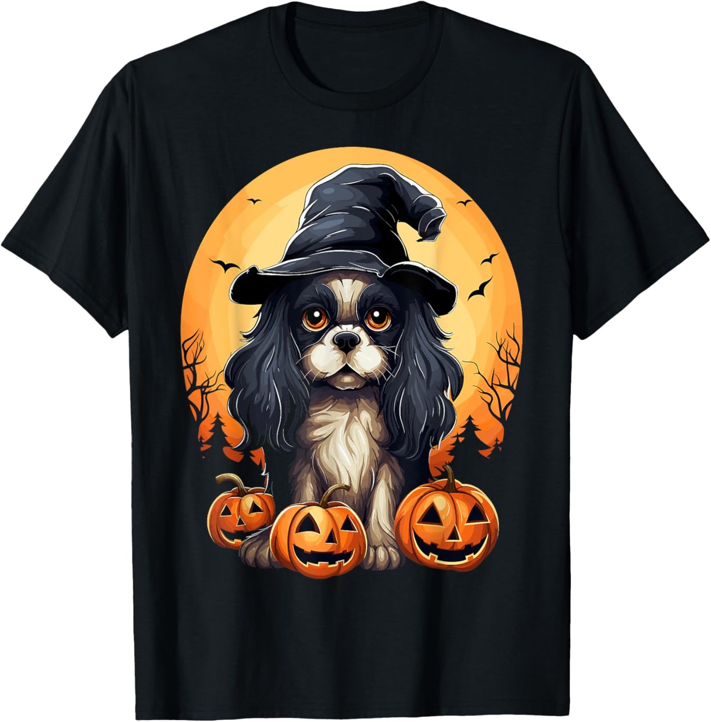 Halloween Cavalier King Charles Spaniel Witch Hat Pumpkin T-Shirt - T-Shirt | Black