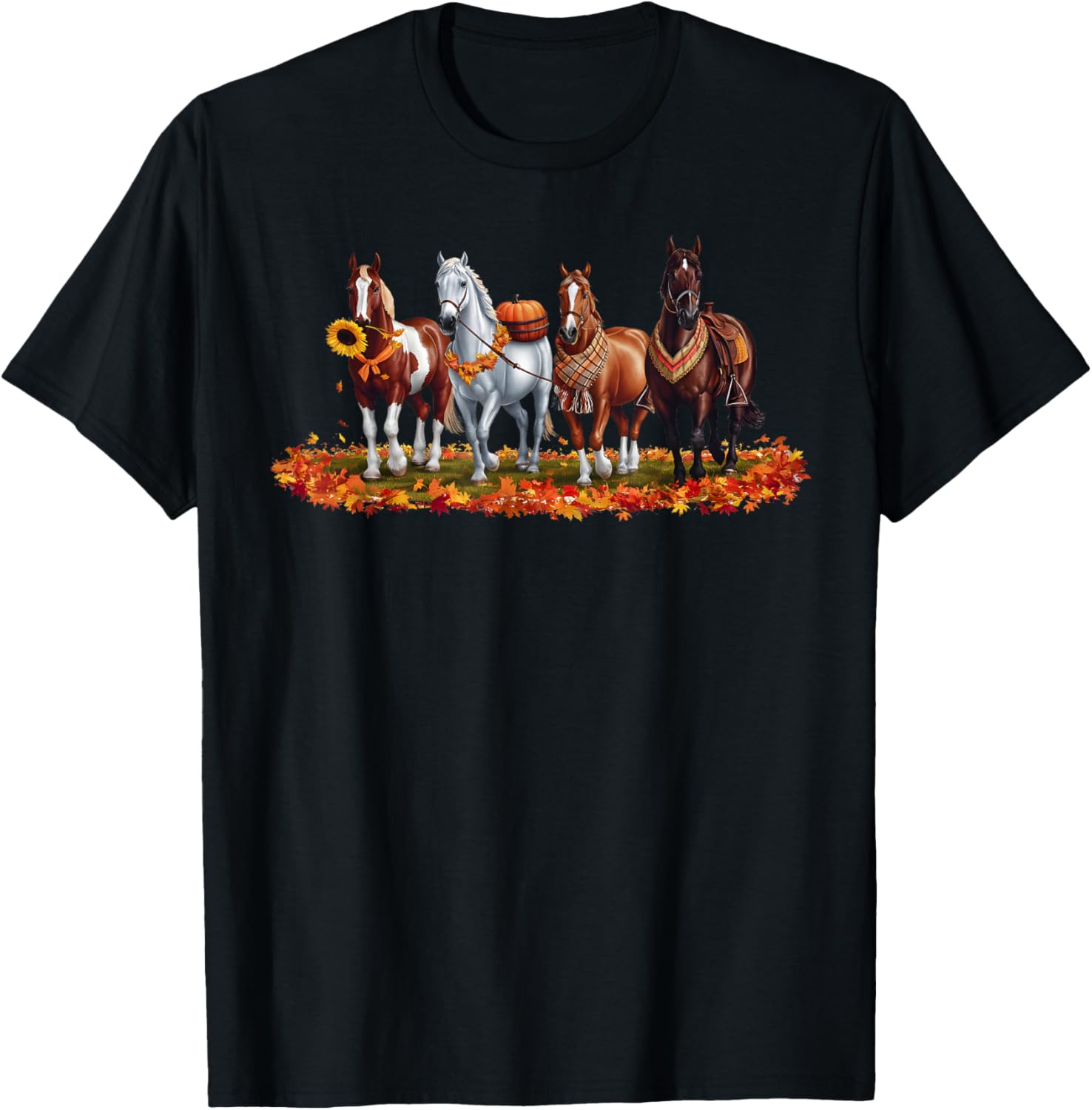 Fall Horse Animal Thanksgiving Sunflowers Pumpkin Leaves T-Shirt - T-Shirt | Black