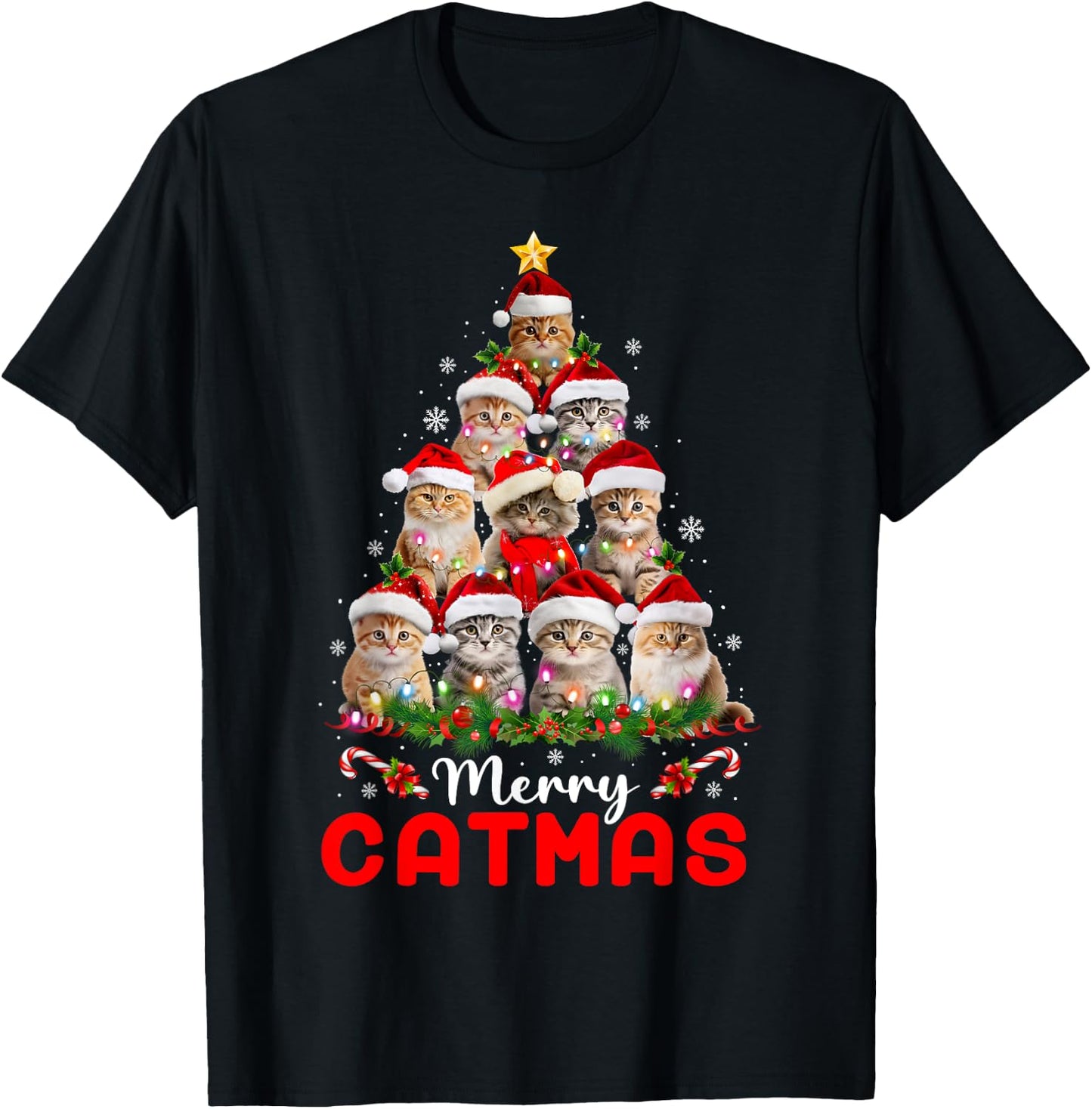 Meowy Catmas Cat Christmas Tree Lights Funny Xmas Pajamas T-Shirt - T-Shirt | Black
