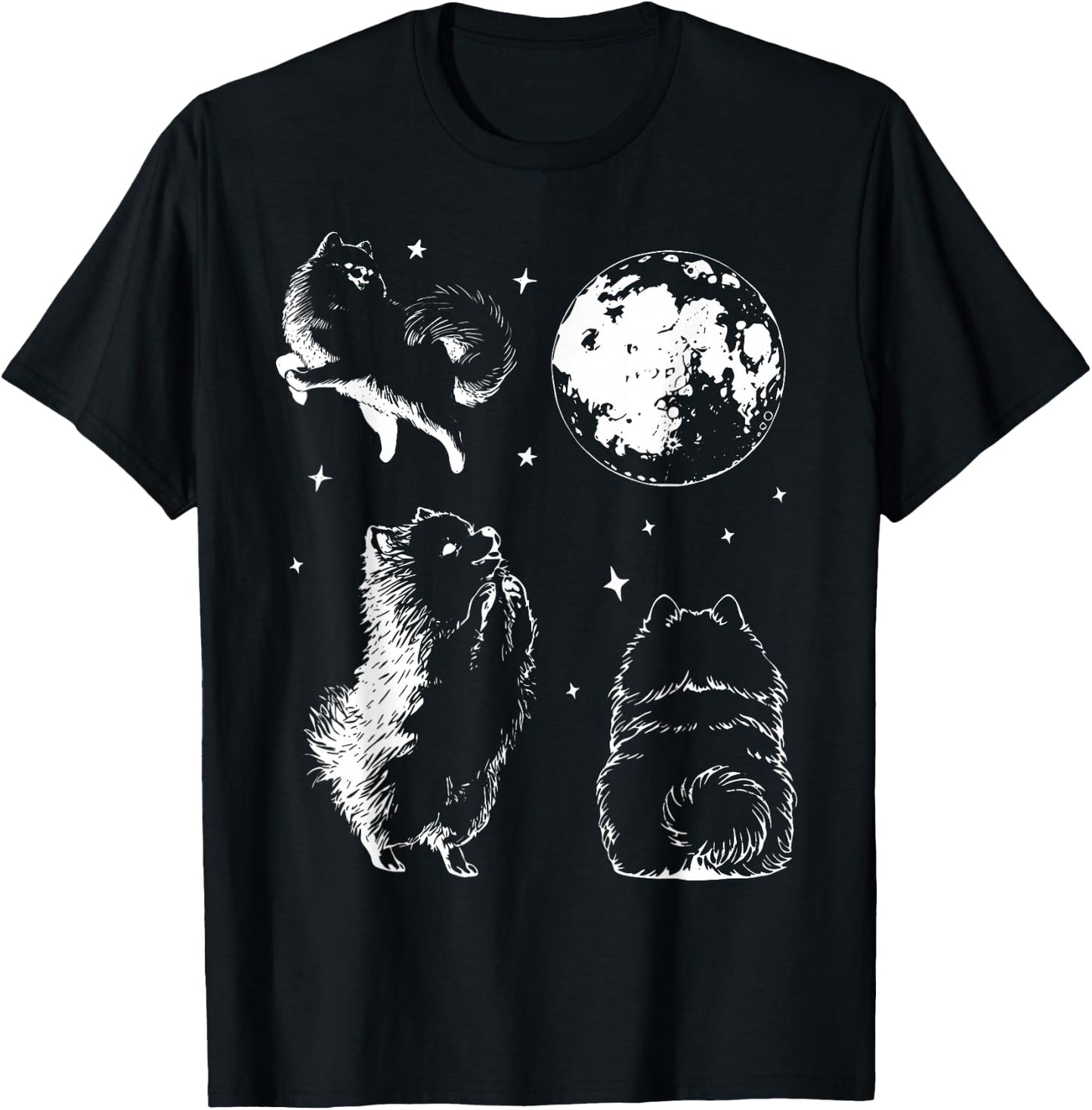 Vintage Three Pomeranian Dog Howling at The Moon Pet Lover T-Shirt - T-Shirt | Black