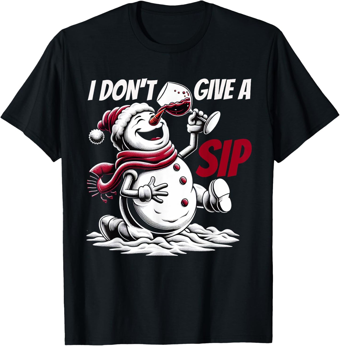 Christmas I Don't Give A Sip Funny Winter Xmas Snowman Wine T-Shirt - T-Shirt | Black