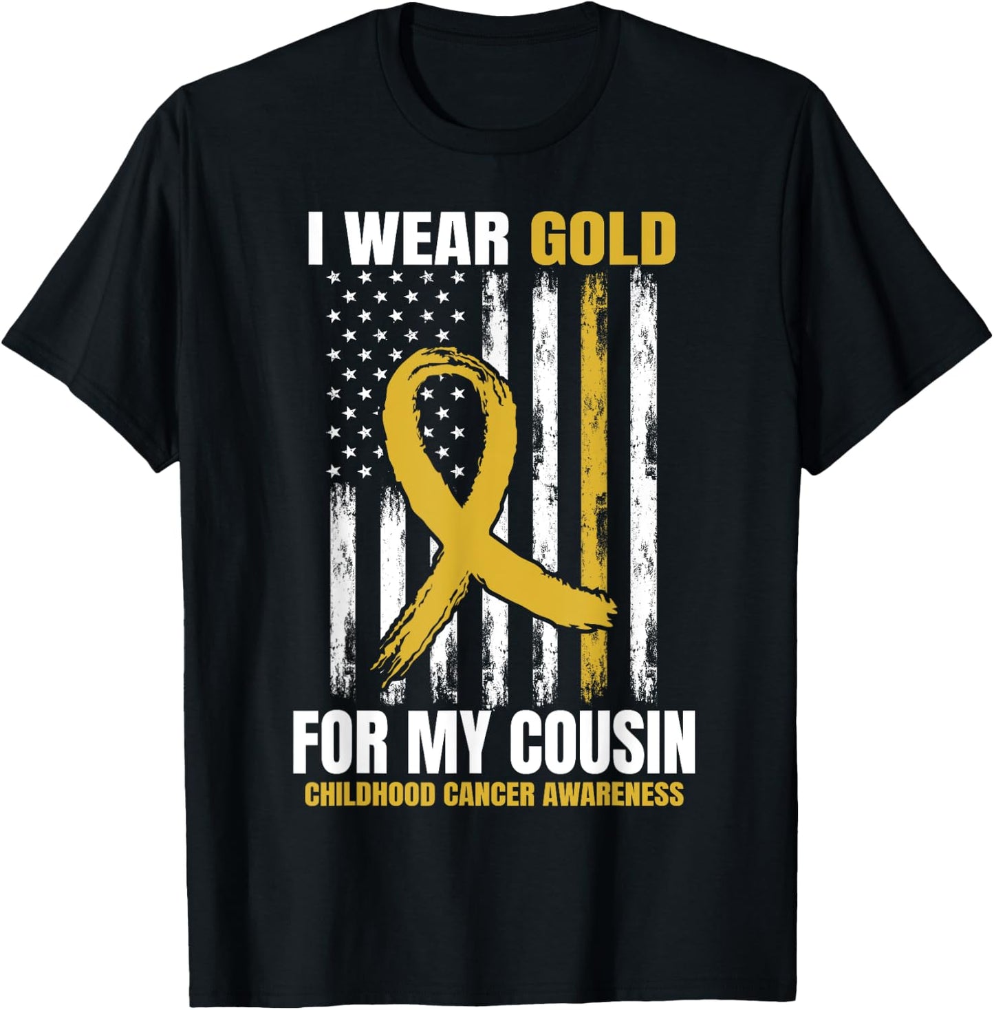 I Wear Gold Cousin Childhood Cancer Awareness American Flag T-Shirt - T-Shirt | Black