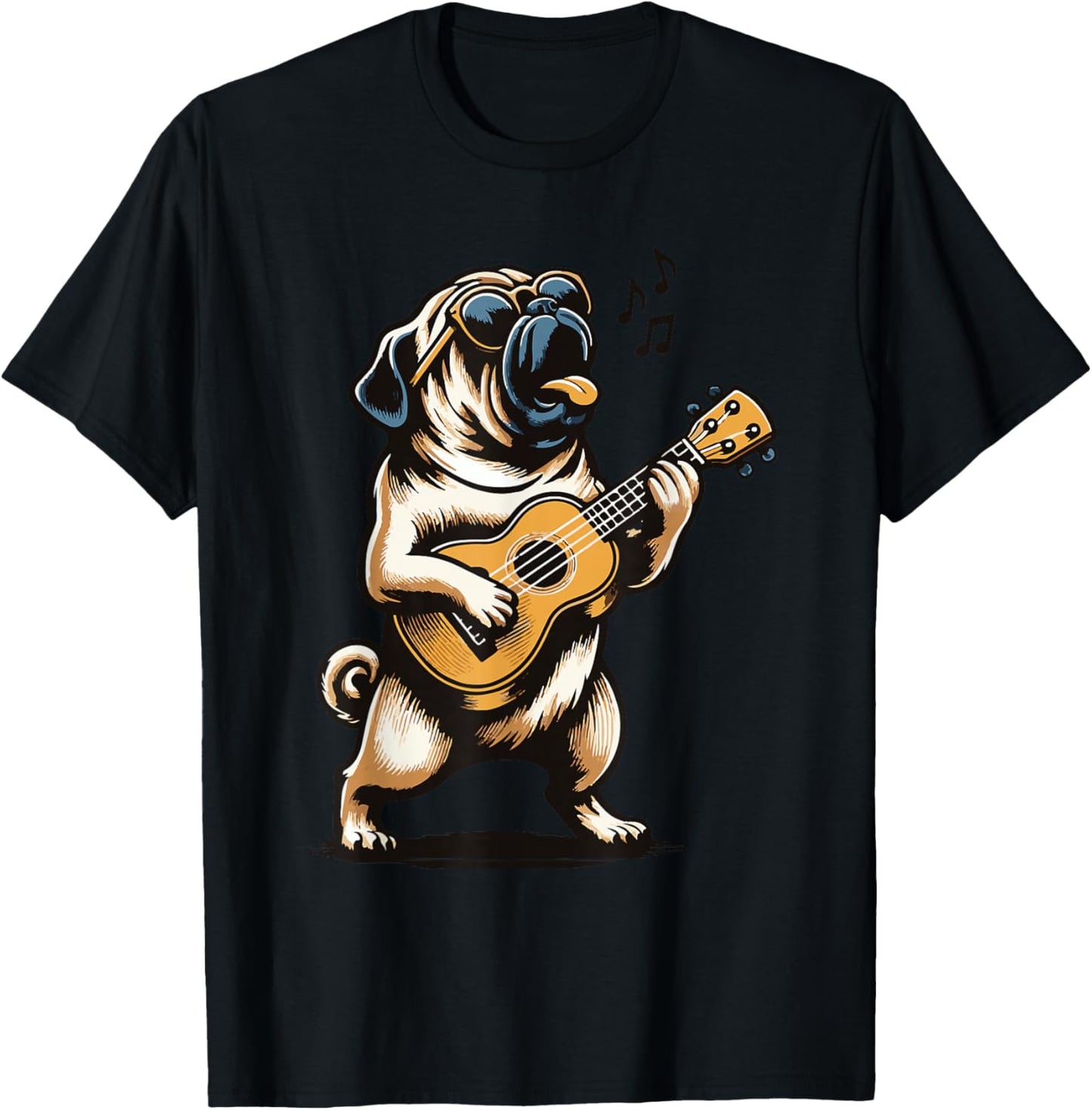 Dog Playing Guitar Singing Pug Funny Pugfather T-Shirt - T-Shirt | Black