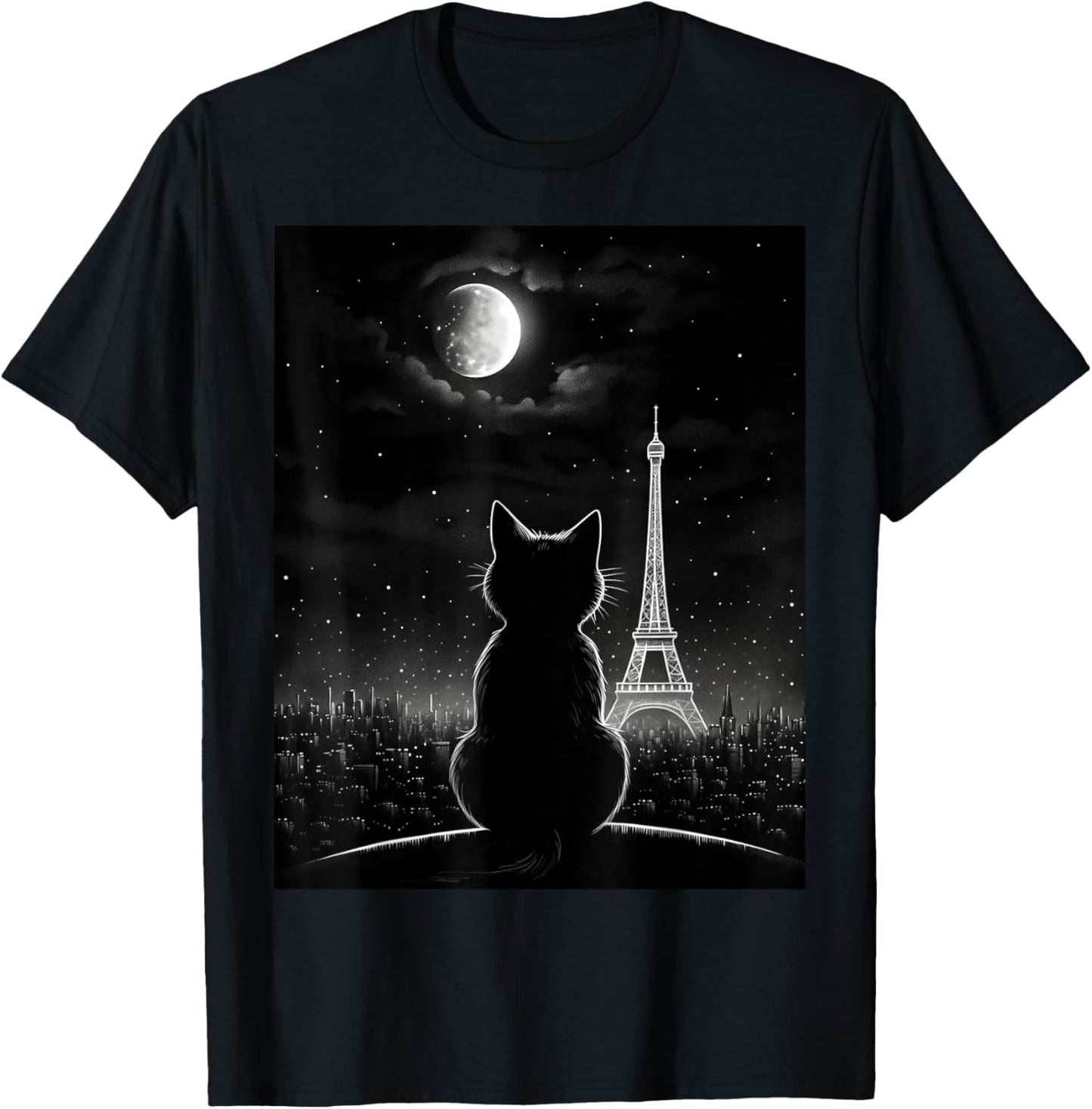 Aesthetic Black Cat Star Night Eiffel Tower In Paris T-Shirt - T-Shirt | Black
