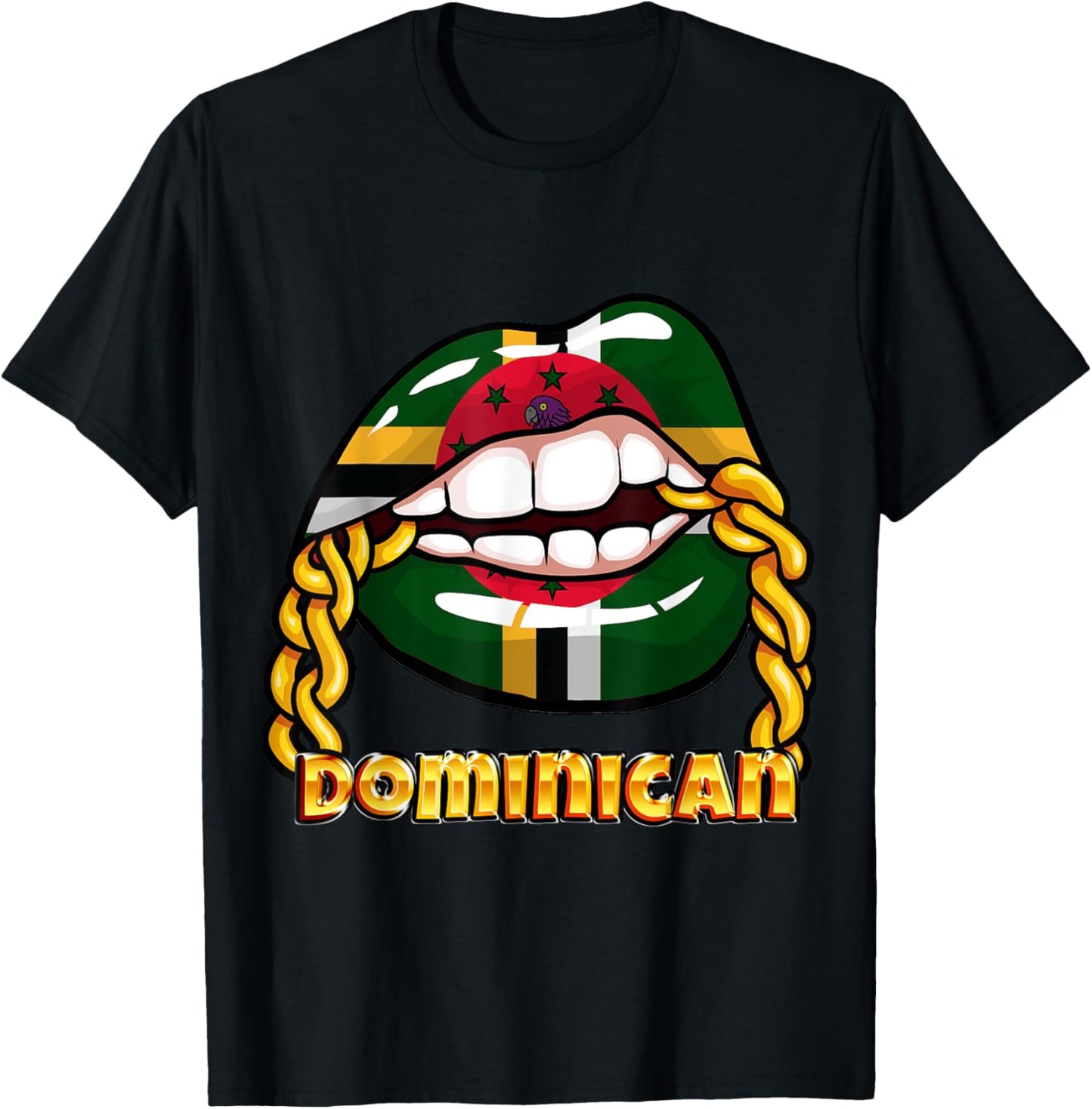 Dominica National Flag Lips with Chain T-Shirt - T-Shirt | Black