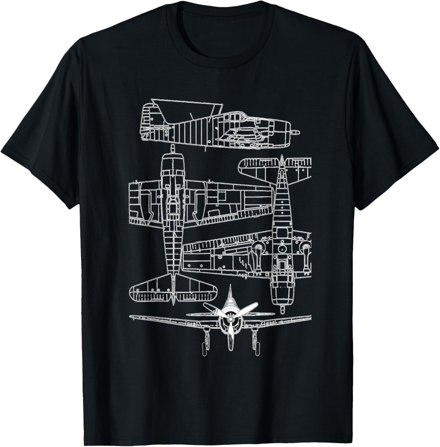 Grumman F6F Hellcat WW2 Navy Airplane Blueprint T-Shirt - T-Shirt | Black