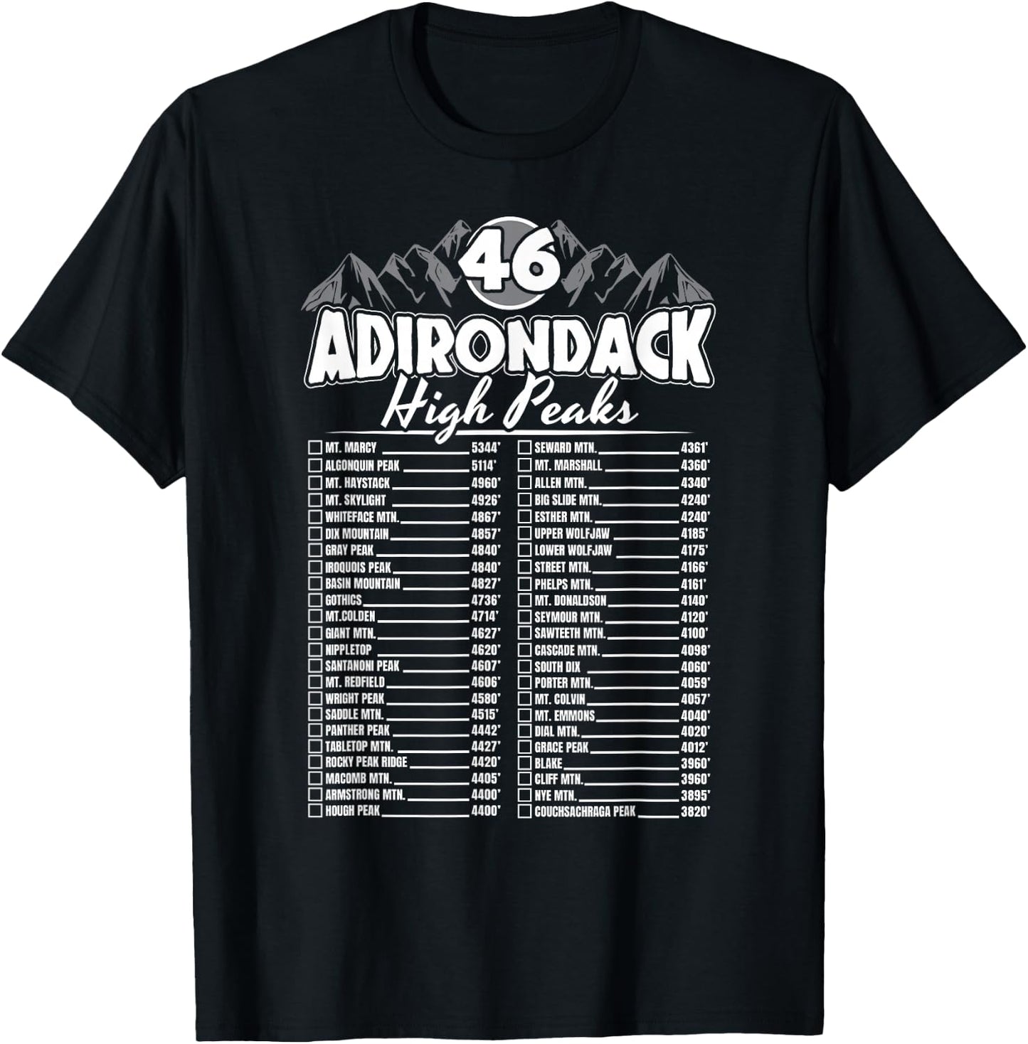 46 Adirondack Mountain Climbing Checklist T-Shirt - T-Shirt | Black