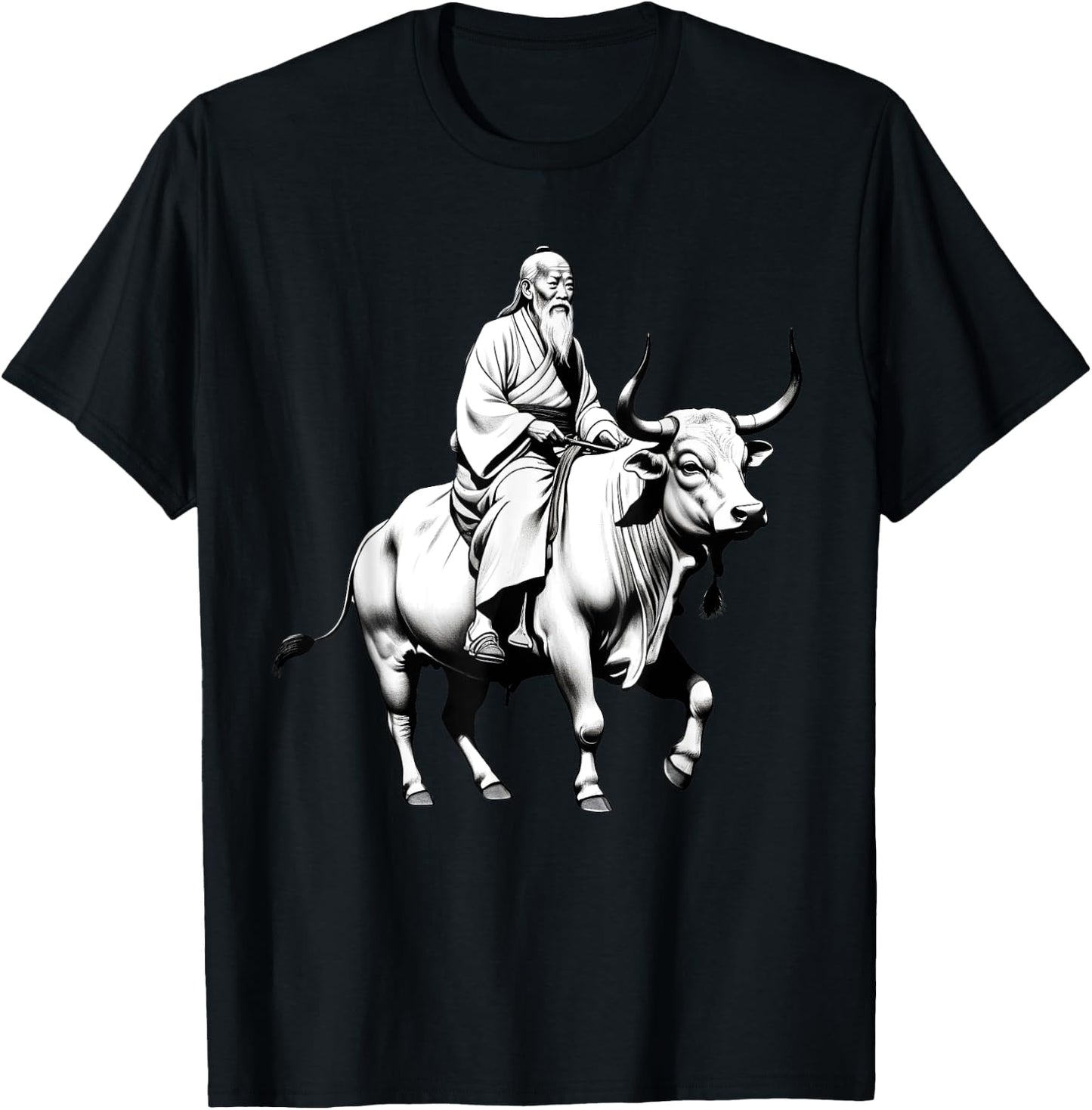 Vintage Spiritual Design Lao Tzu Riding An Ox, Tao Te Ching -Adults, -Kids Grey Short Sleeve Classic Fit Polyester T-Shirt - T-Shirt | Black