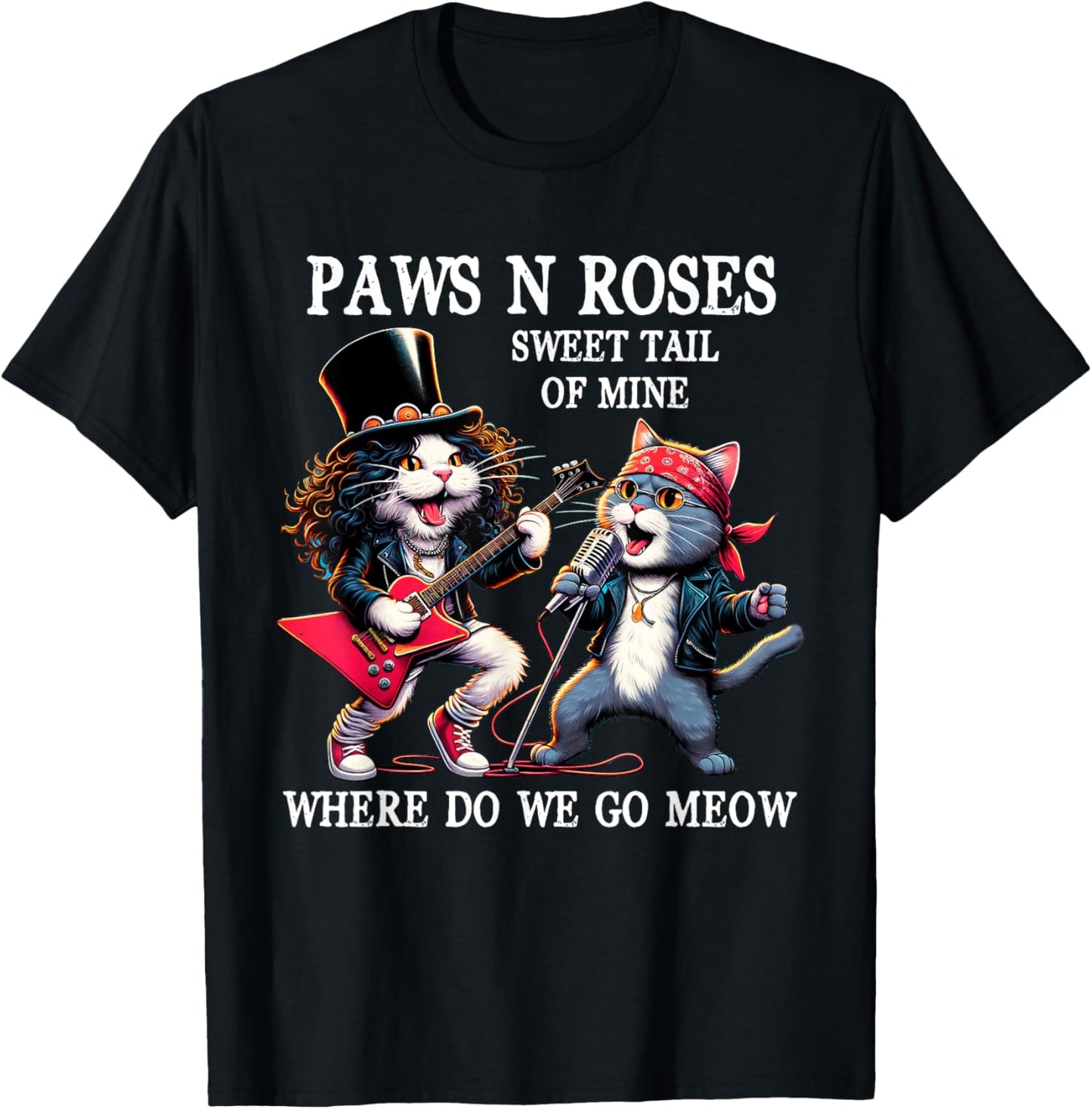 Graphic Funny Cat Animal Vintage Rock Cat Play Guitar Music T-Shirt - T-Shirt | Black