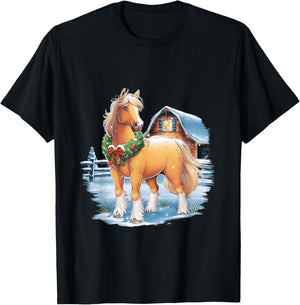 Festive Horse with Wreath in Snowy Barnyard Scene T-Shirt - T-Shirt | Black