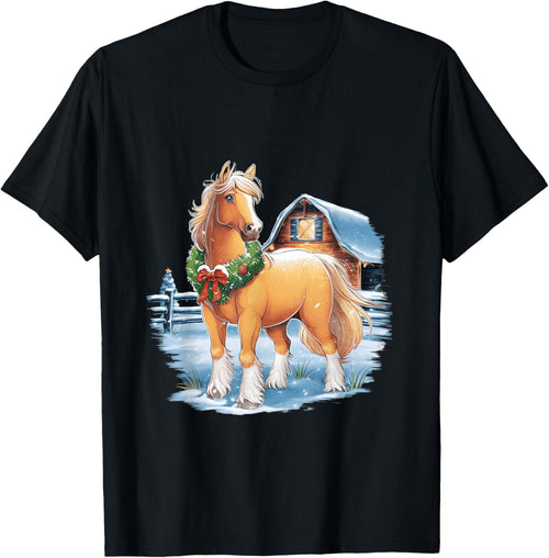 Festive Horse with Wreath in Snowy Barnyard Scene