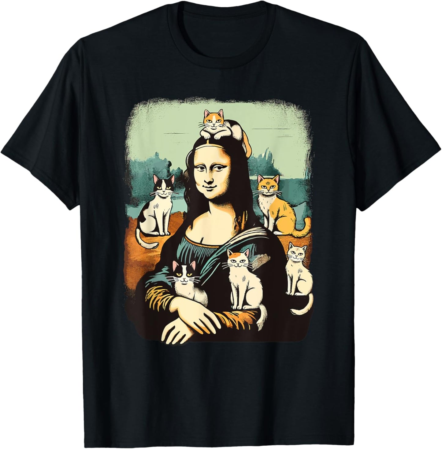 Retro Mona Lisa with Cats Novelty Men Women Kids Funny Cat T-Shirt - T-Shirt | Black