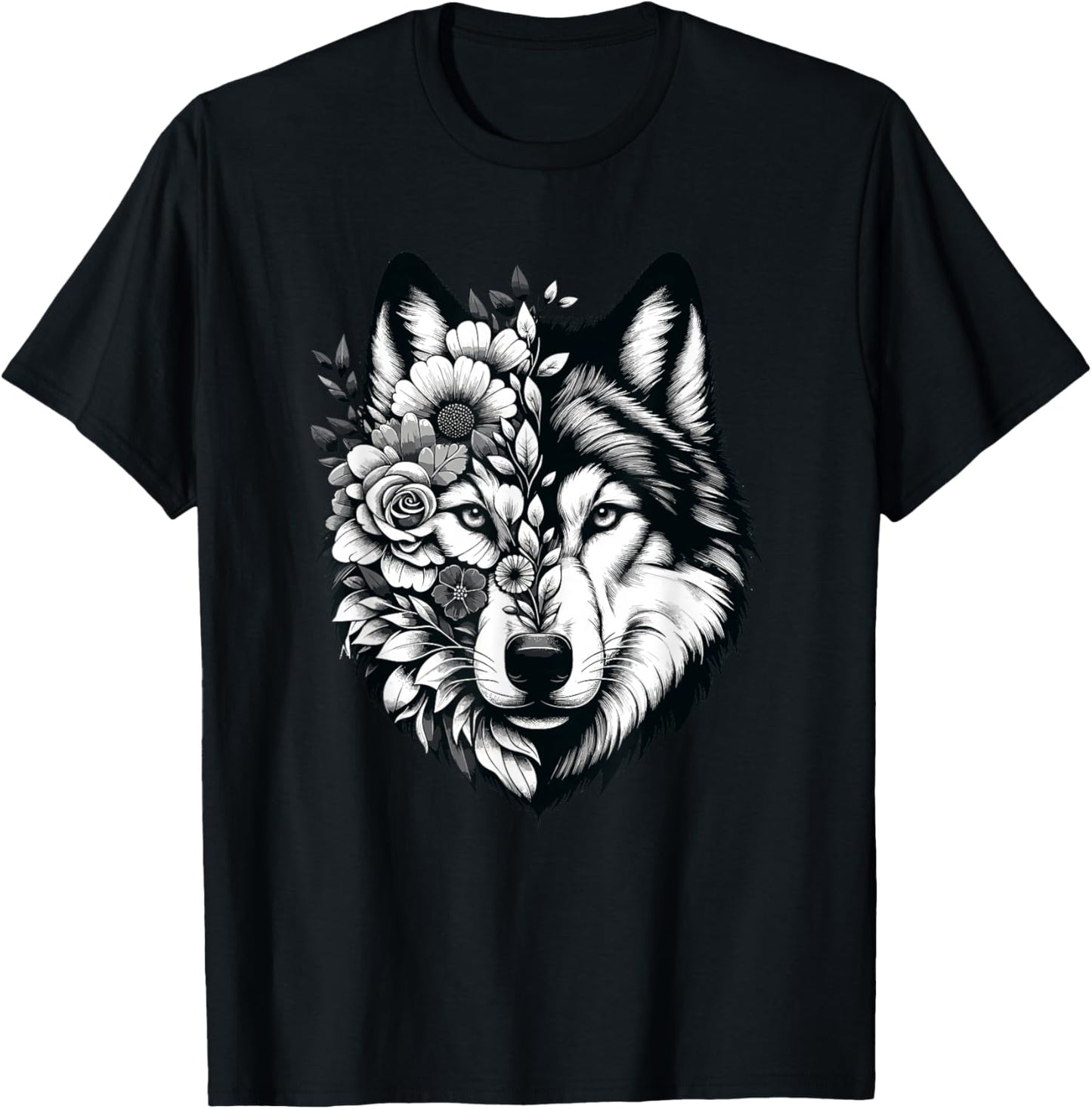 Wolf & Flowers, Wolf Graphic & Floral Wolf Face T-Shirt - T-Shirt | Black