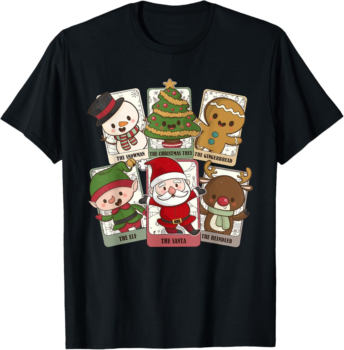 Retro Tarot Card Christmas Santa Elf Reindeer Gingerbread T-Shirt - T-Shirt | Black