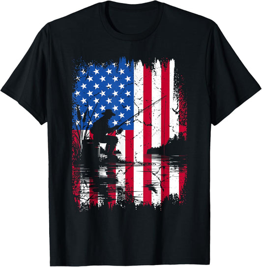 Funny Patriotic Fishermen USA American Flag 4th Of July Men T-Shirt - T-Shirt | Black