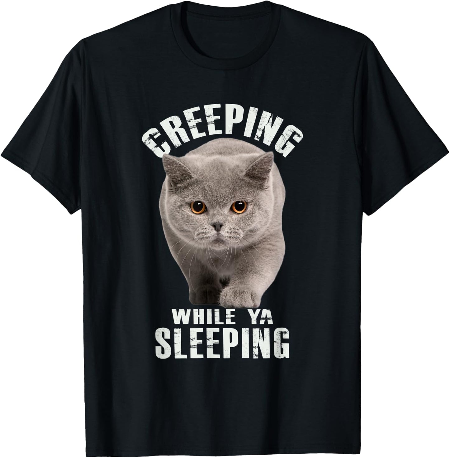 Funny British Shorthair Cat Shirt Creeping While Ya Sleeping T-Shirt - T-Shirt | Black