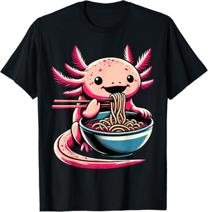 Kawaii Axolotl Eating Ramen T-Shirt - T-Shirt | Black