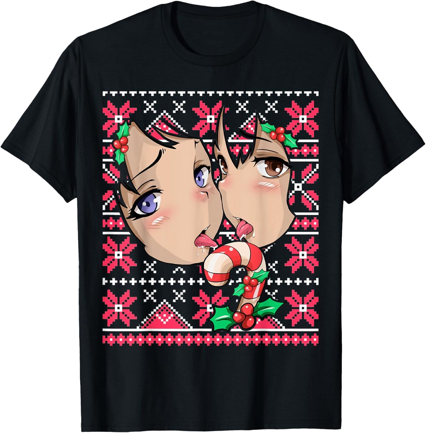 Ugly Christmas Otaku Ahegao Ecchi Etchi Lewd Hentai Kawaii T-Shirt - T-Shirt | Black