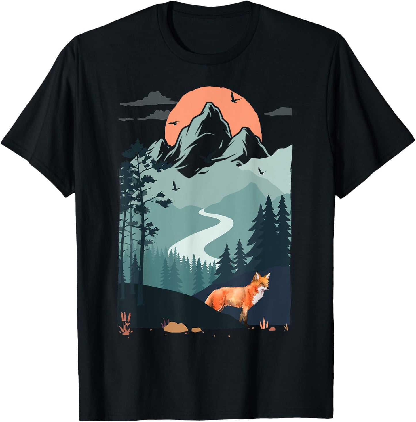 Mountain sunset Pine Tree Bird flying sky Red Standing Fox T-Shirt - T-Shirt | Black