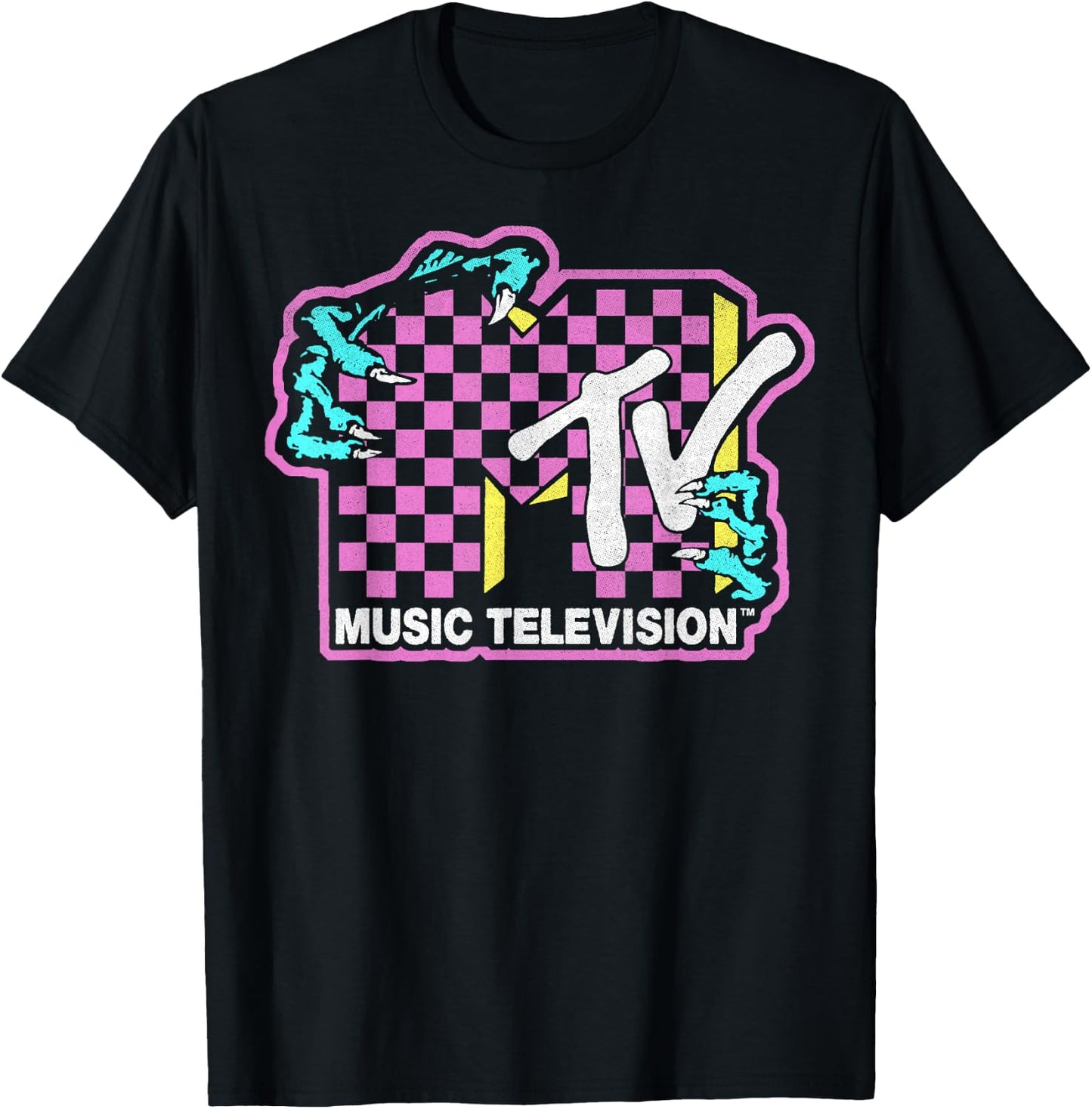 MTV Checkered Monster Hand Logo Graphic T-Shirt - T-Shirt | Black