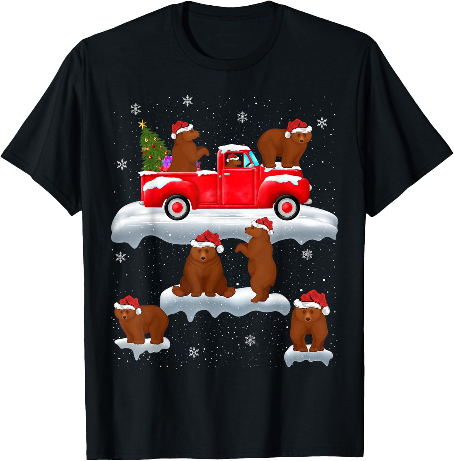 Bears Driving Christmas Tree Red Truck Bear Christmas T-Shirt - T-Shirt | Black