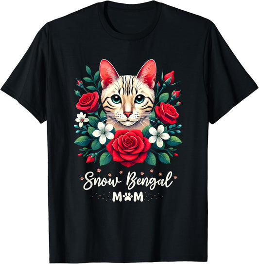 Roses Flowers Snow Bengal Mom T-Shirt - T-Shirt | Black