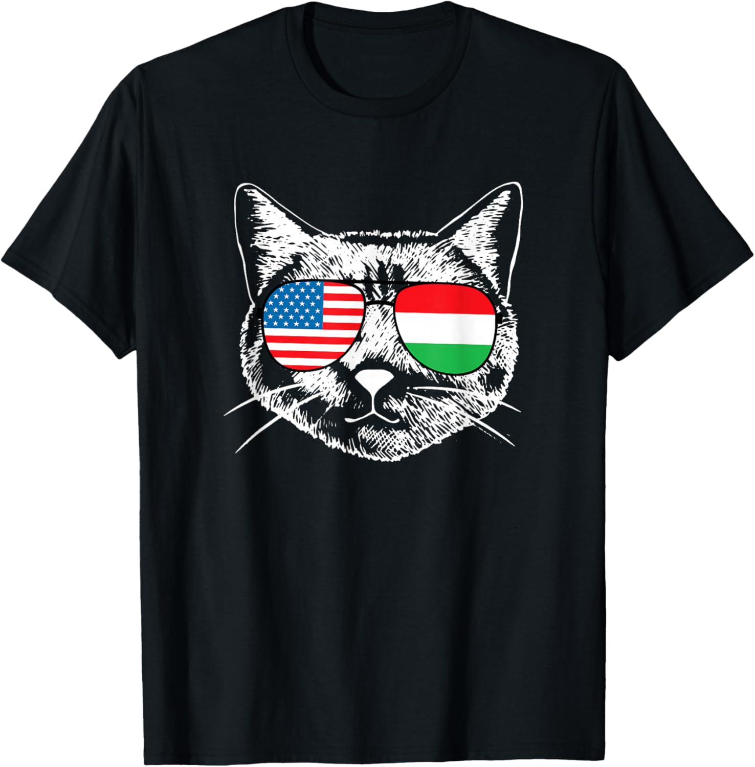Half American And Hungarian Hungary Usa Flag Funny Cat Lover T-Shirt - T-Shirt | Black