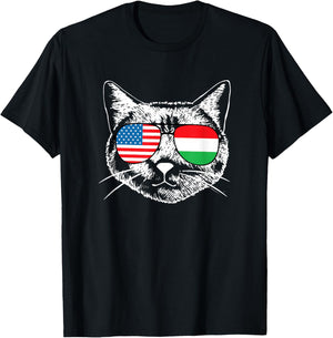Half American And Hungarian Hungary Usa Flag Funny Cat Lover T-Shirt - T-Shirt | Black