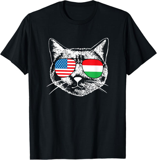 Half American And Hungarian Hungary Usa Flag Funny Cat Lover T-Shirt - T-Shirt | Black