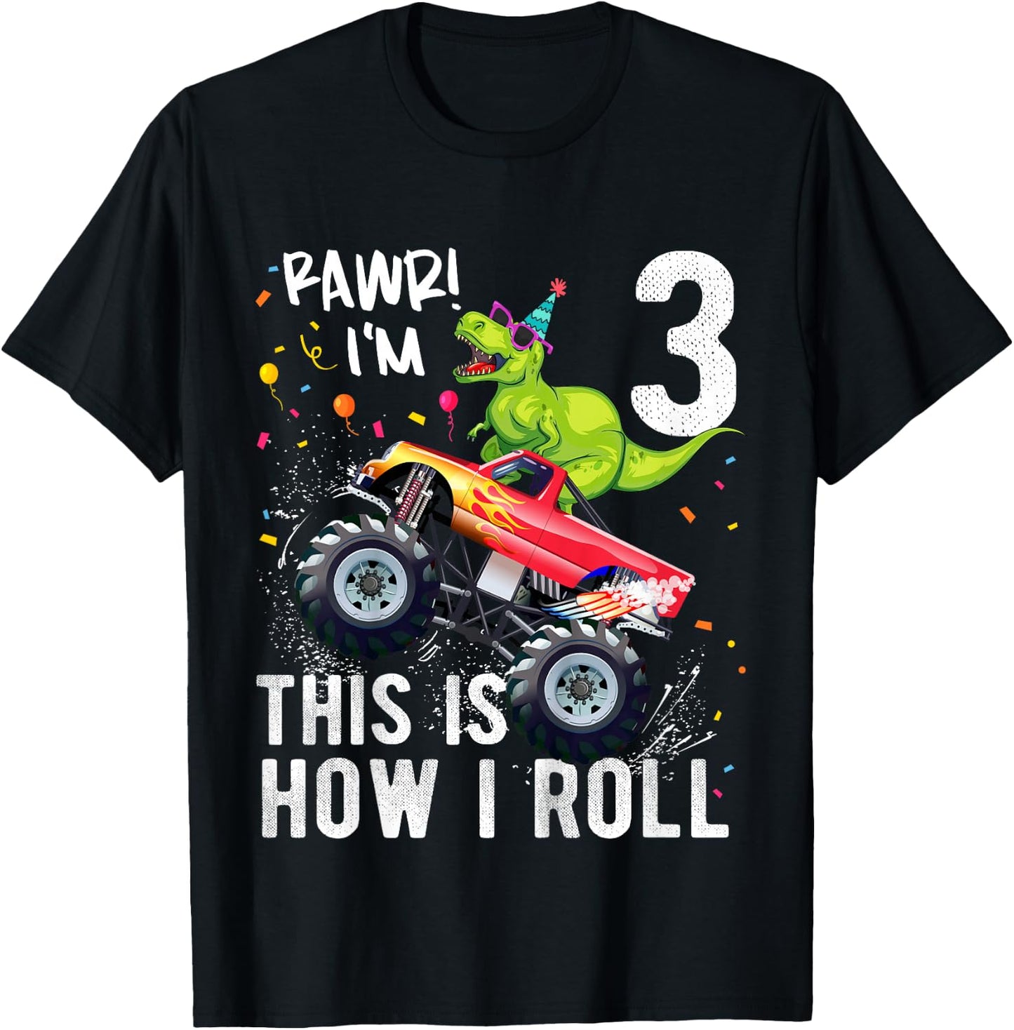 Kids T Rex Dinosaur Monster Truck 3rd Birthday Boys and Girls T-Shirt - T-Shirt | Black