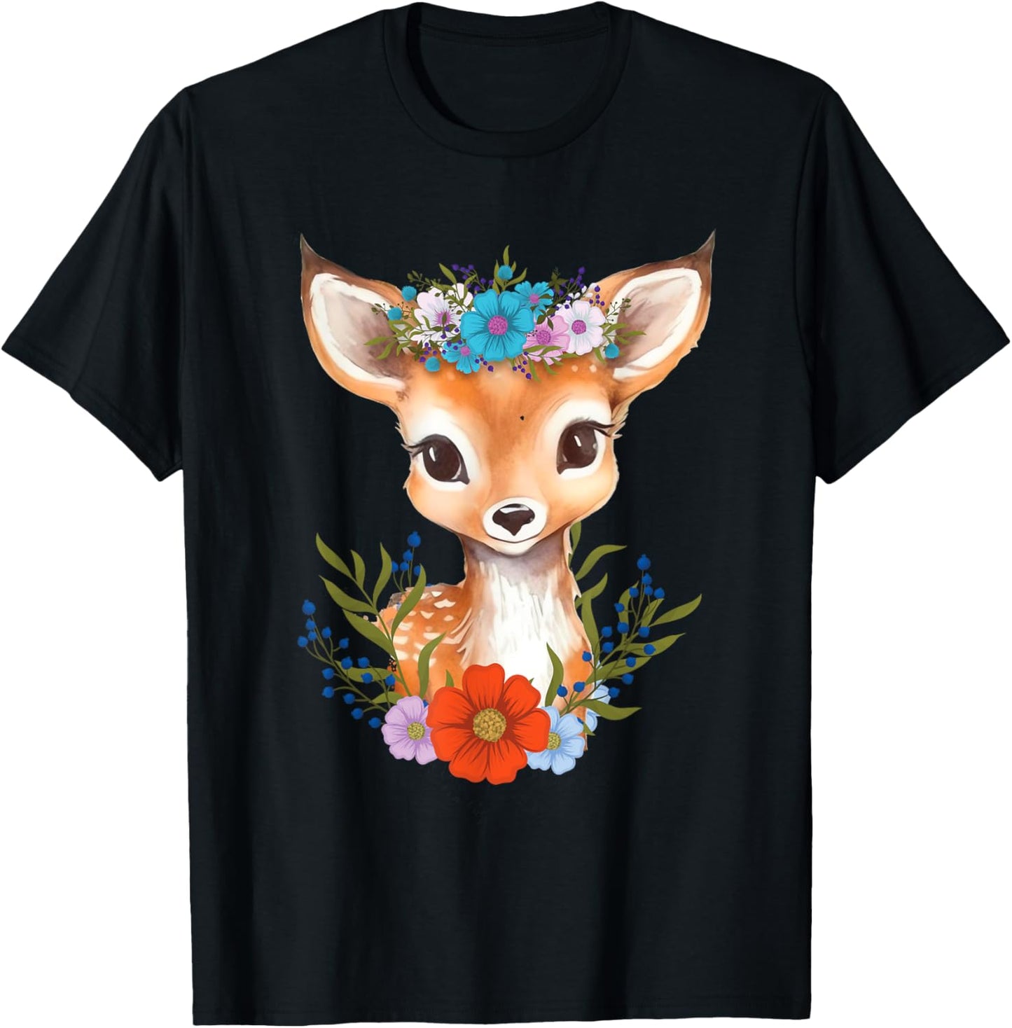 Floral Crown Baby Deer - Hunting Wildlife Forest Animal T-Shirt - T-Shirt | Black