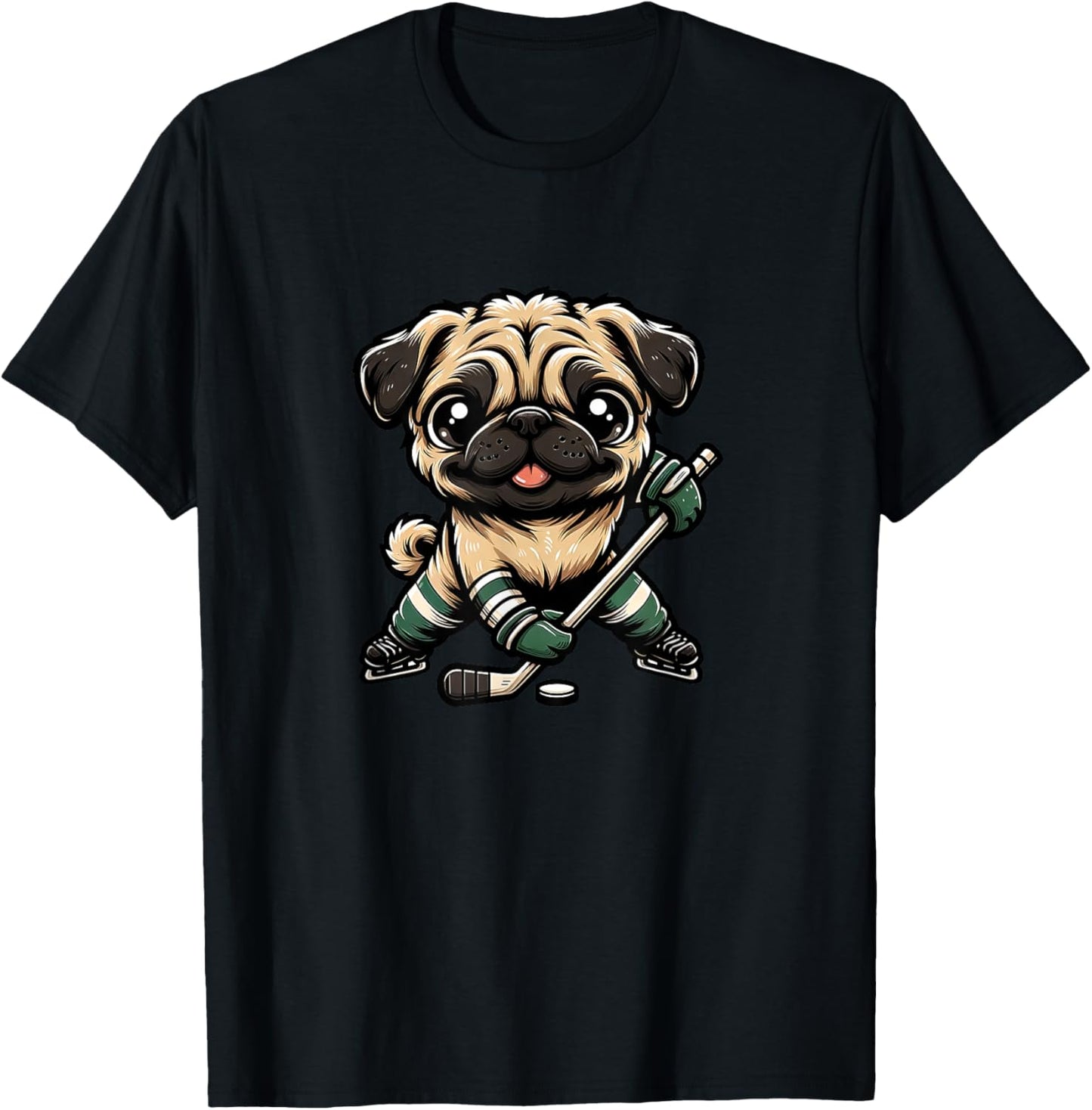 Cute Pug Playing Ice Hockey Dog Design T-Shirt - T-Shirt | Black
