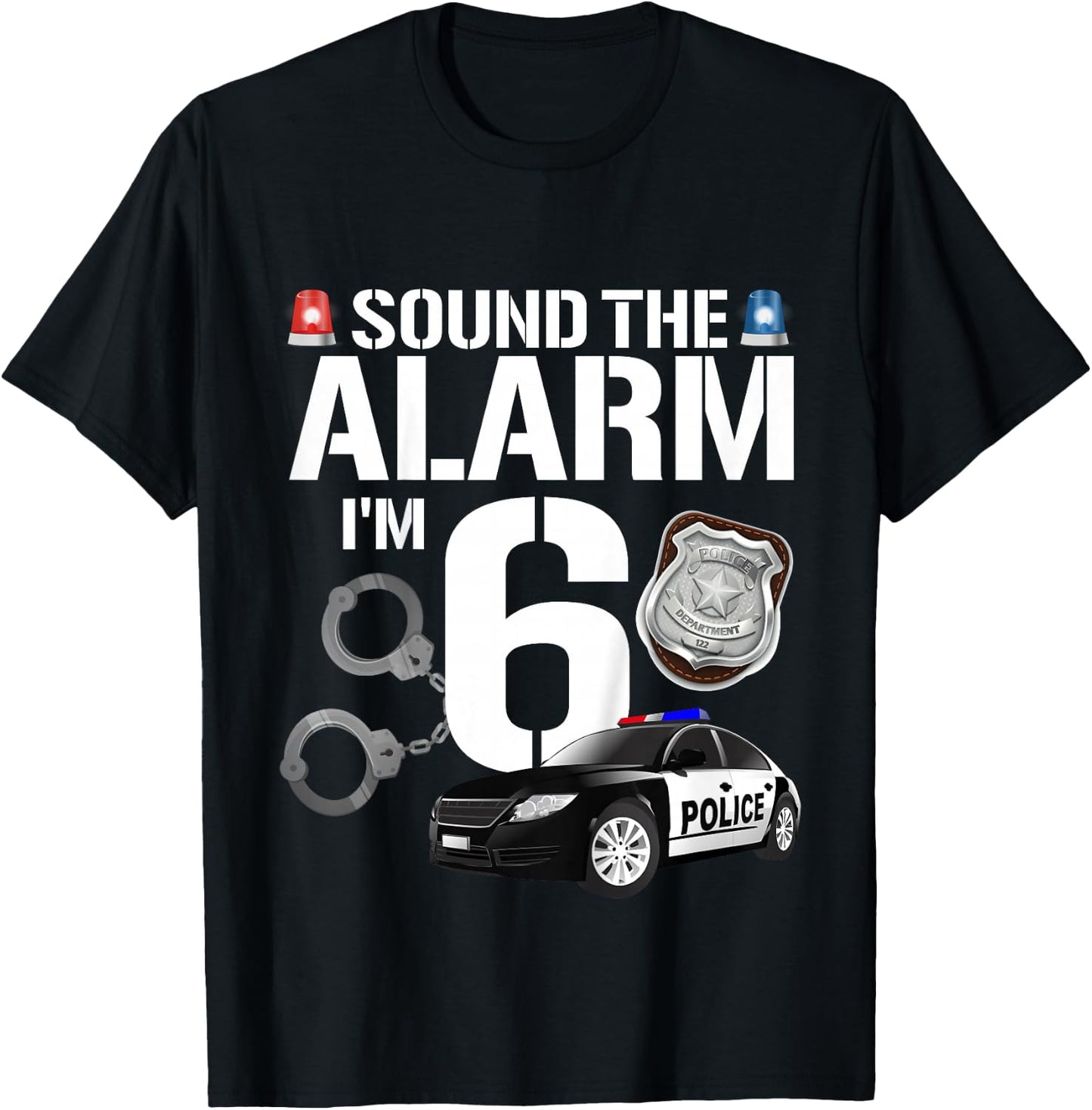 Kids 6 Year Old Police Birthday Officer Cop Car 6th Gift Boy T-Shirt - T-Shirt | Black