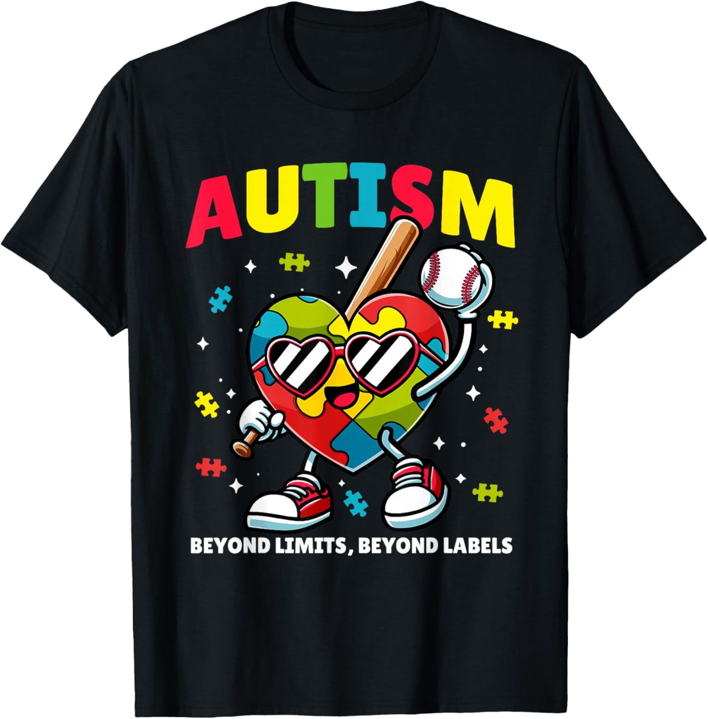 Autism Baseball Heart | Puzzle Awareness Design for Kids T-Shirt - T-Shirt | Black