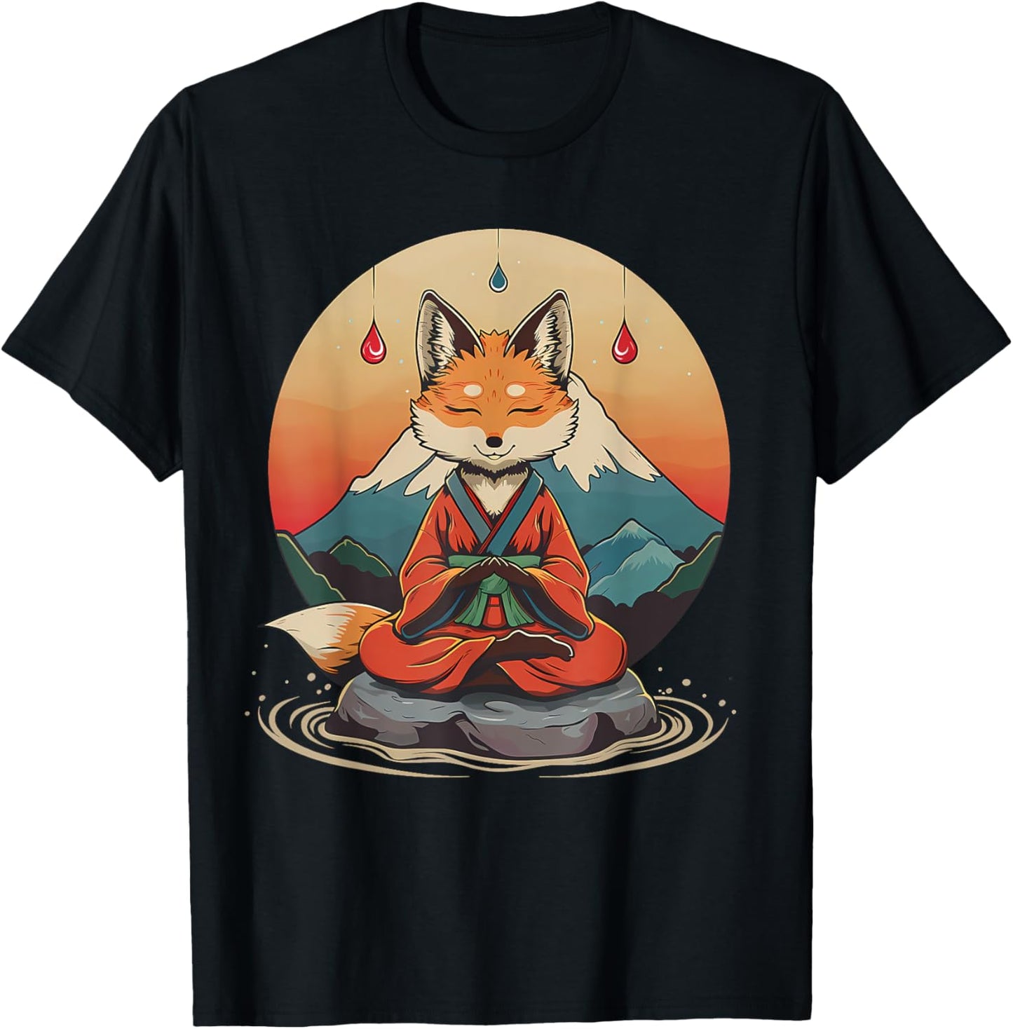 Red Fox Meditation Mountain Yoga Zen Buddha Buddhist T-Shirt - T-Shirt | Black