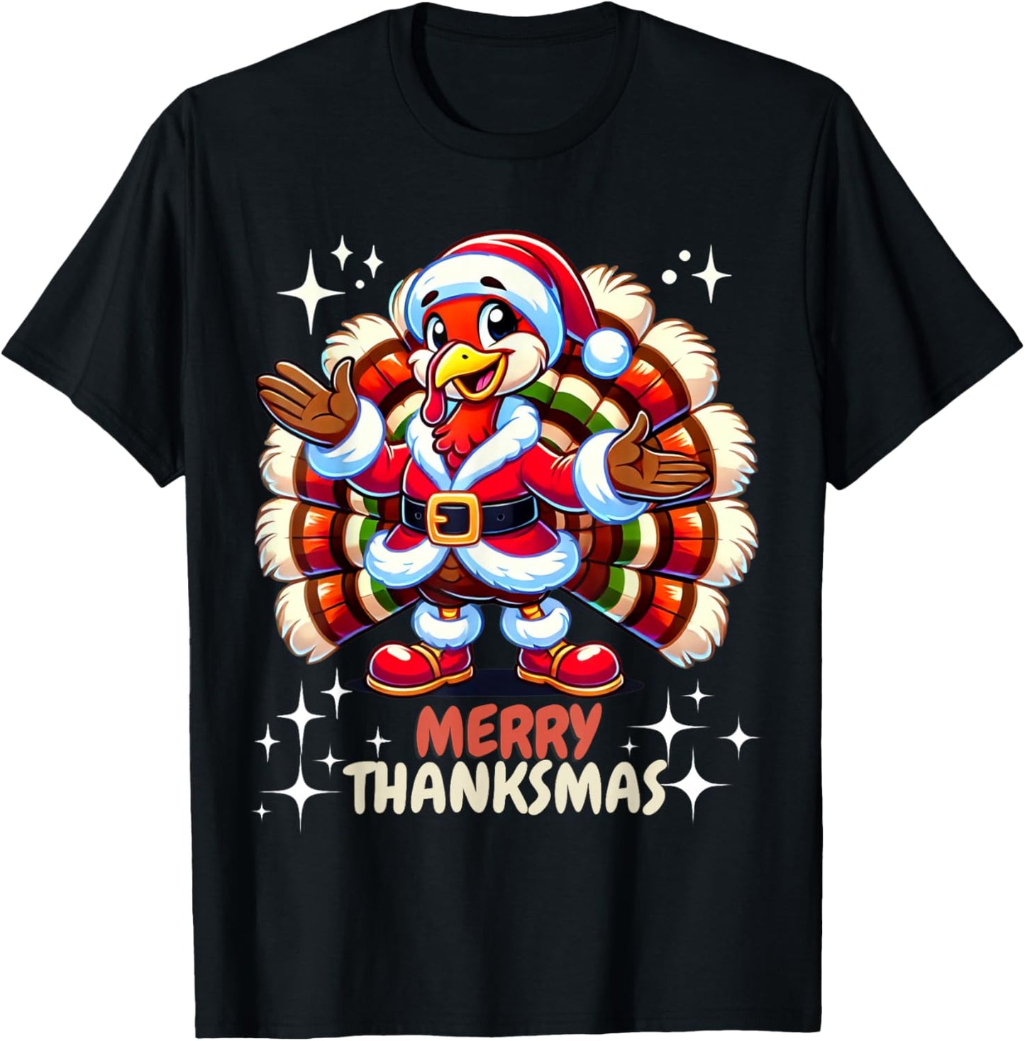 Funny Merry Thanksmas Thanksgiving Turkey Xmas T-Shirt - T-Shirt | Black