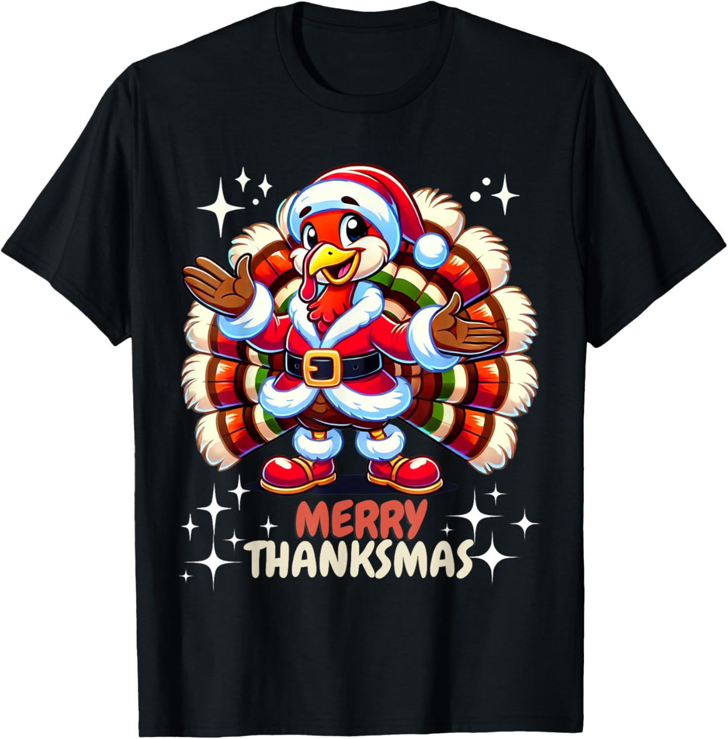 Funny Merry Thanksmas Thanksgiving Turkey Xmas T-Shirt - T-Shirt | Black