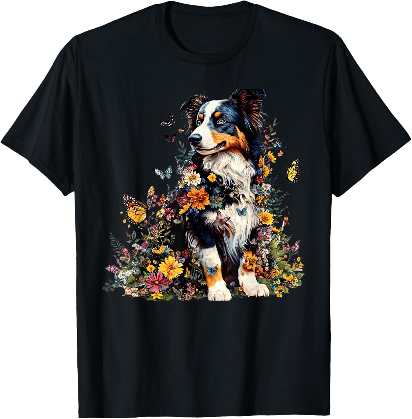 Australian Shepherd Floral Butterfly Nature Garden Dog Lover T-Shirt - T-Shirt | Black