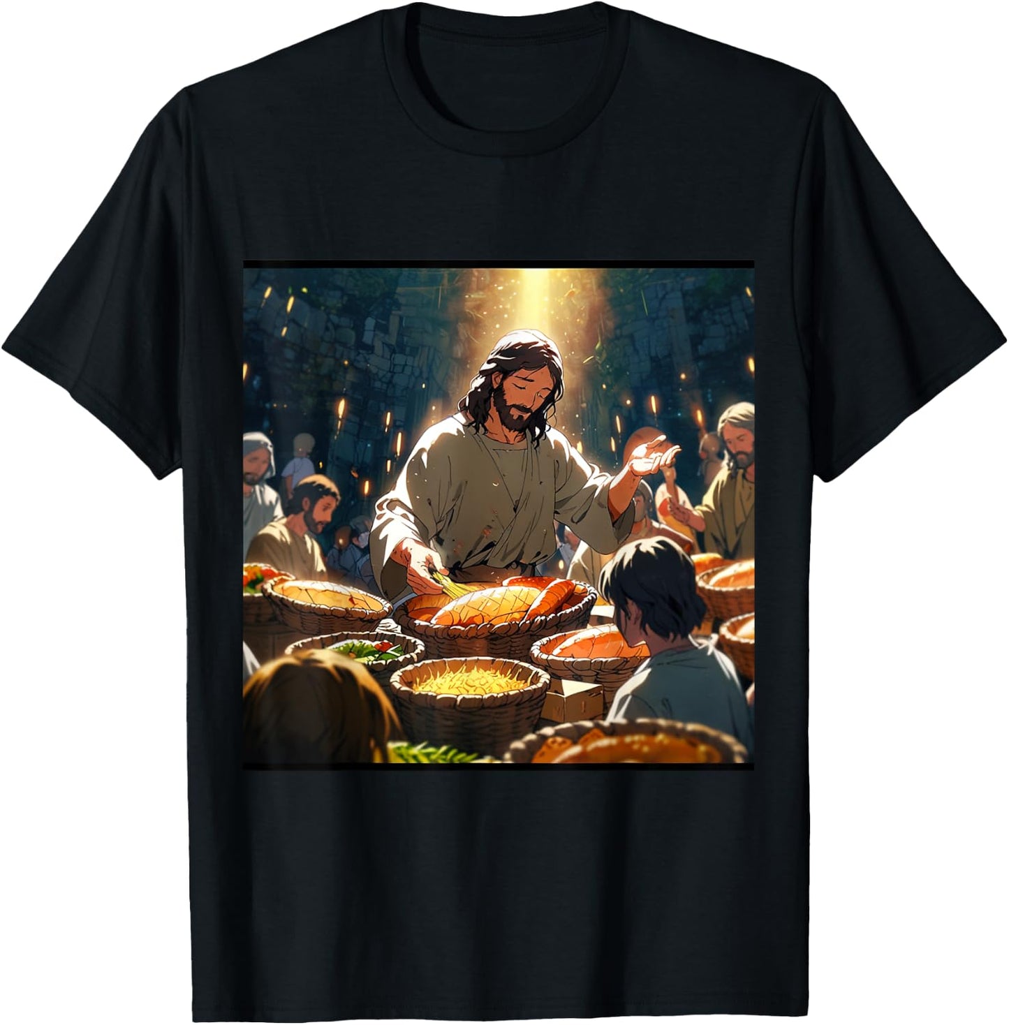 Jesus Anime Miracle Fishes and Loaves Matthew 14 Feed 5000 T-Shirt - T-Shirt | Black